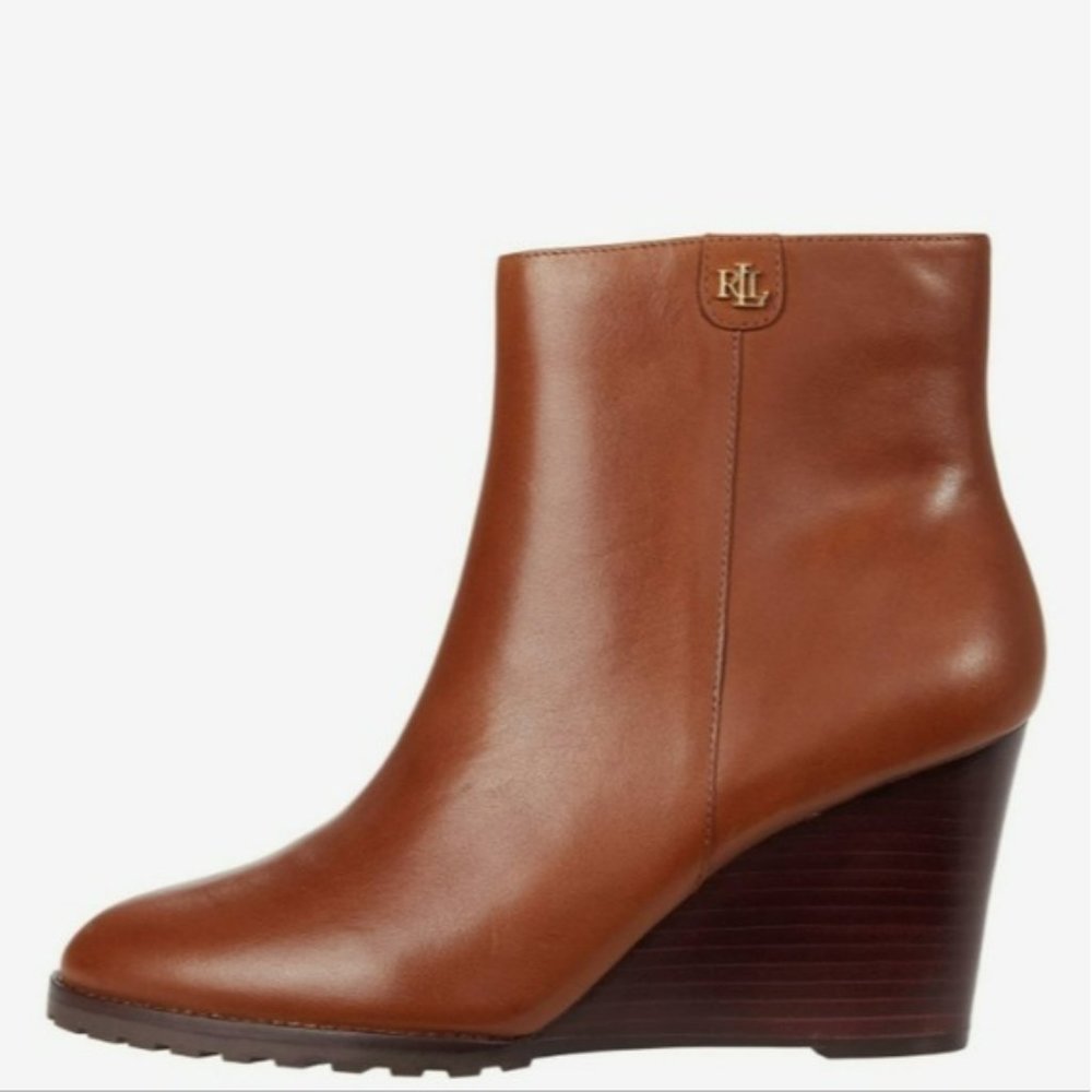 LAUREN Ralph Lauren Shaley Calfskin Wedge Bootie Deep Saddle Tan -7.5 - Picture 5 of 10